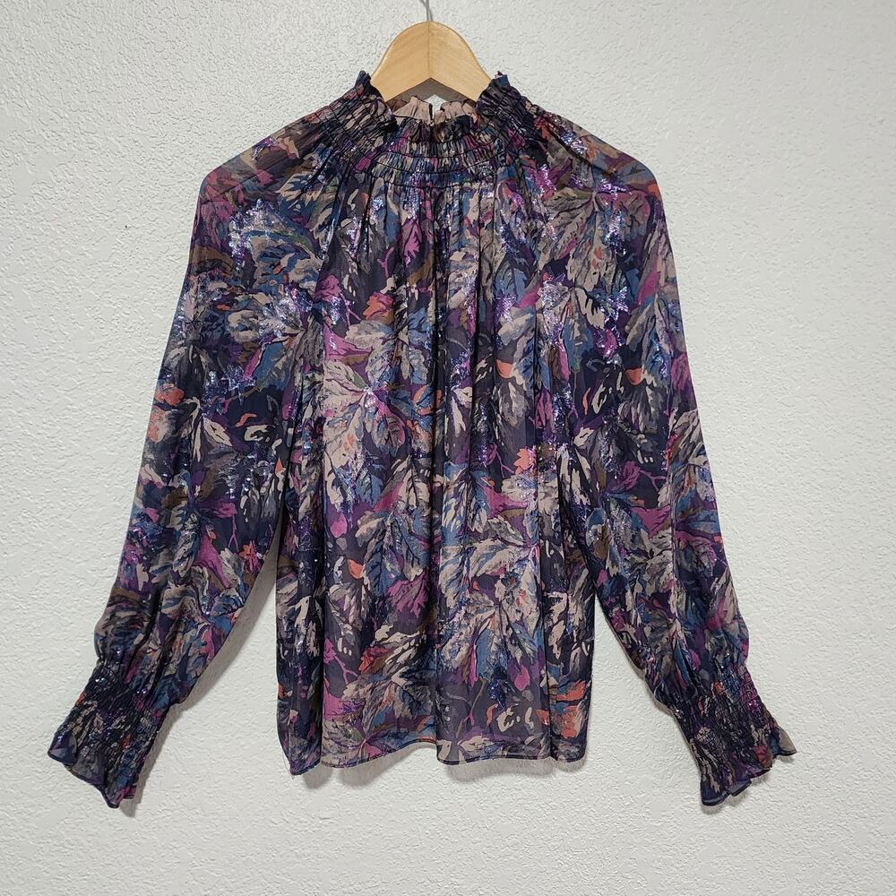 Rebecca Taylor Boho Sheer Floral Metallic Shimmer Mock Neck Top Medium Silk